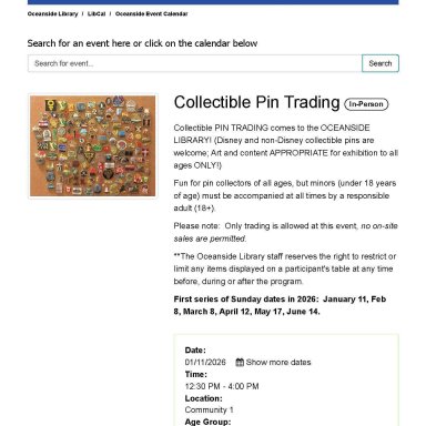 OCEANSIDE LIBRARY PRESENTS PIN TRADING EVENT